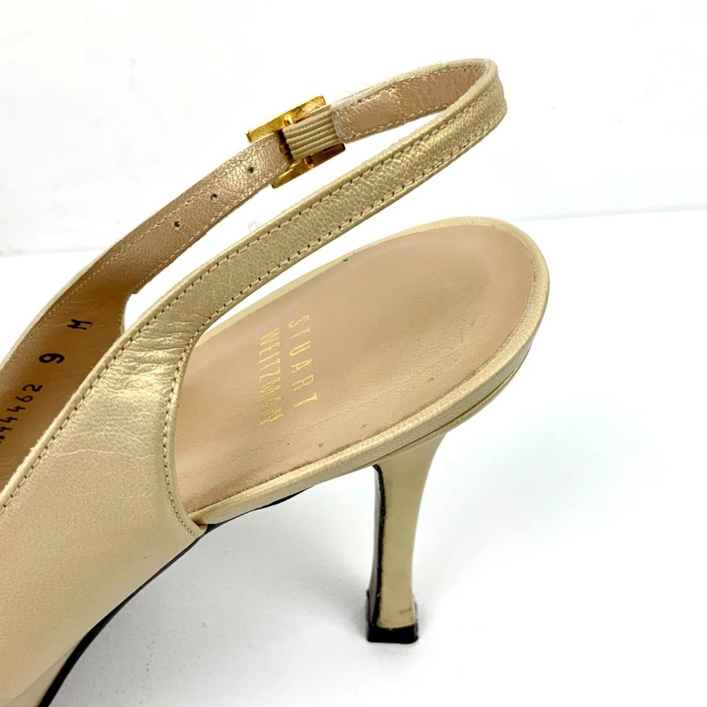 Stuart Weitzman Leather Metallic Gold Slingback Peep Toe Heels Sz 9 - Picture 14 of 16